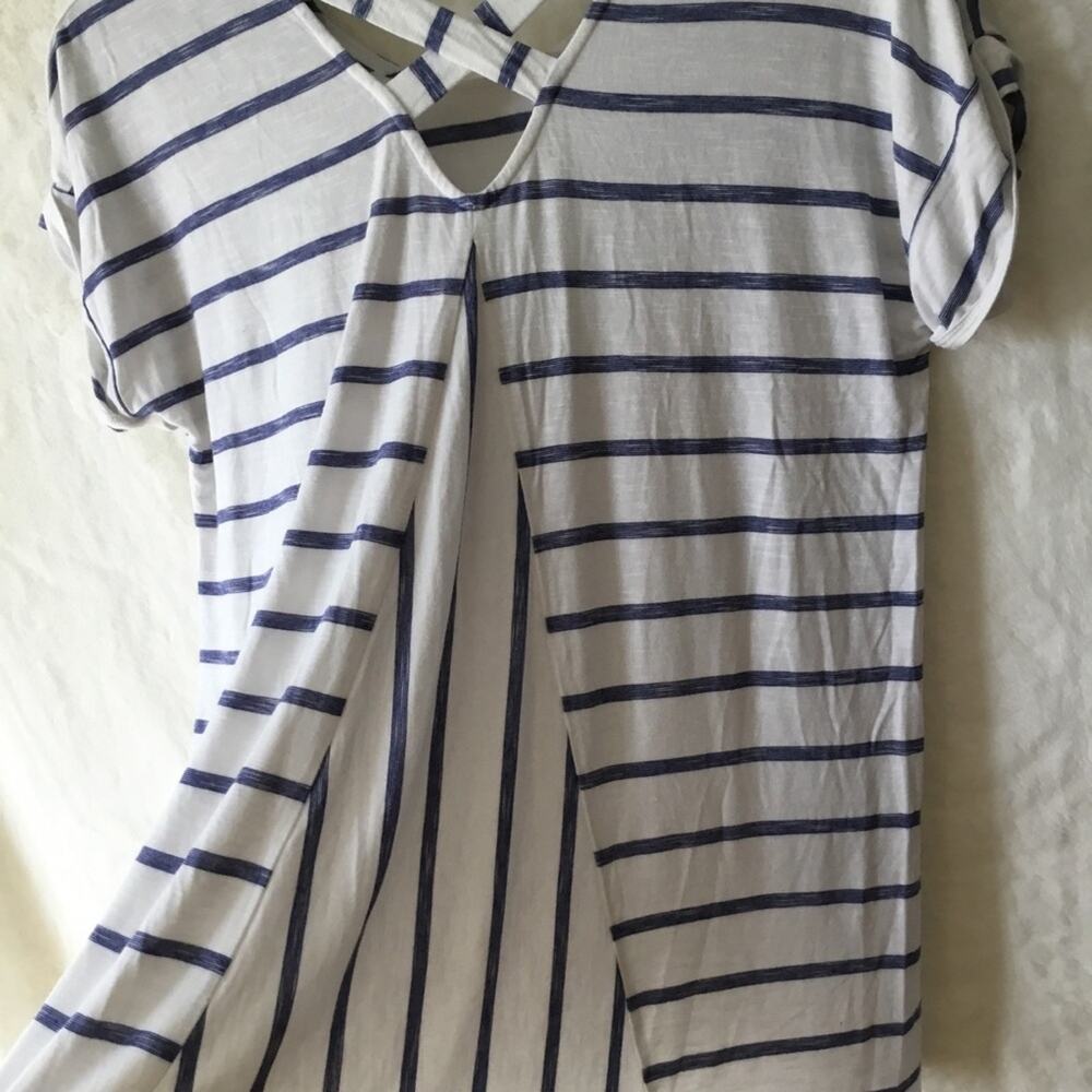 Chico's White and Blue Striped Crisscross Back Hi/Lo Tunic - Picture 15 of 16